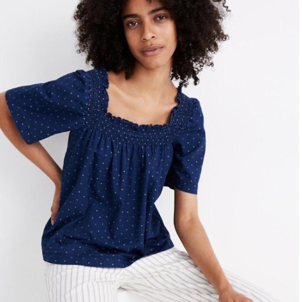 madewell Indigo Square-Neck Smock Top in Rainbow Heart